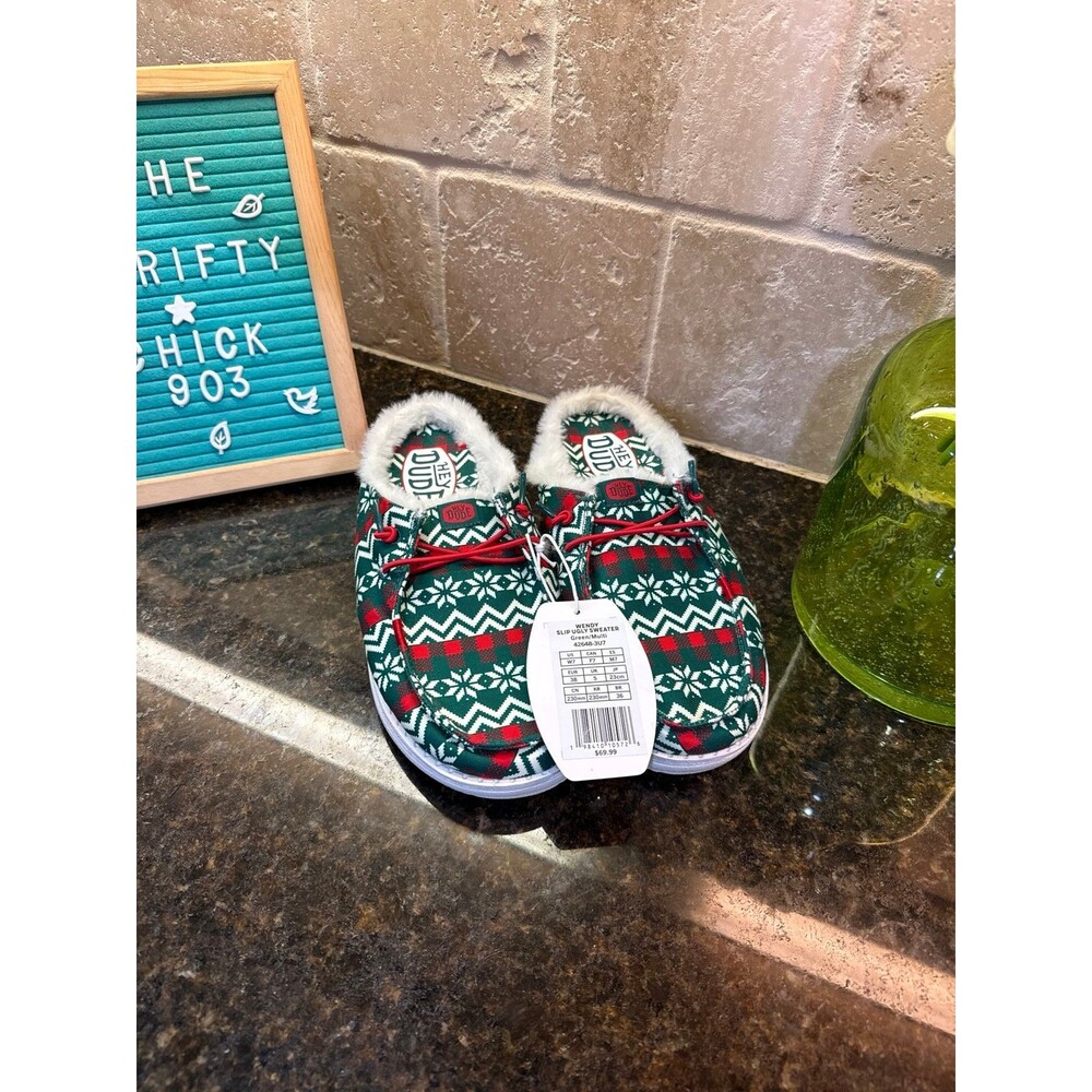 HEY DUDE Women’s Ugly Sweater Slip-On Slippers Green/Multi NWT Size 7